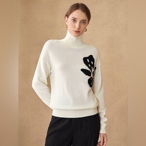 Women's Sweater Wool-Mix Floral HIGH-Neck Sweater
